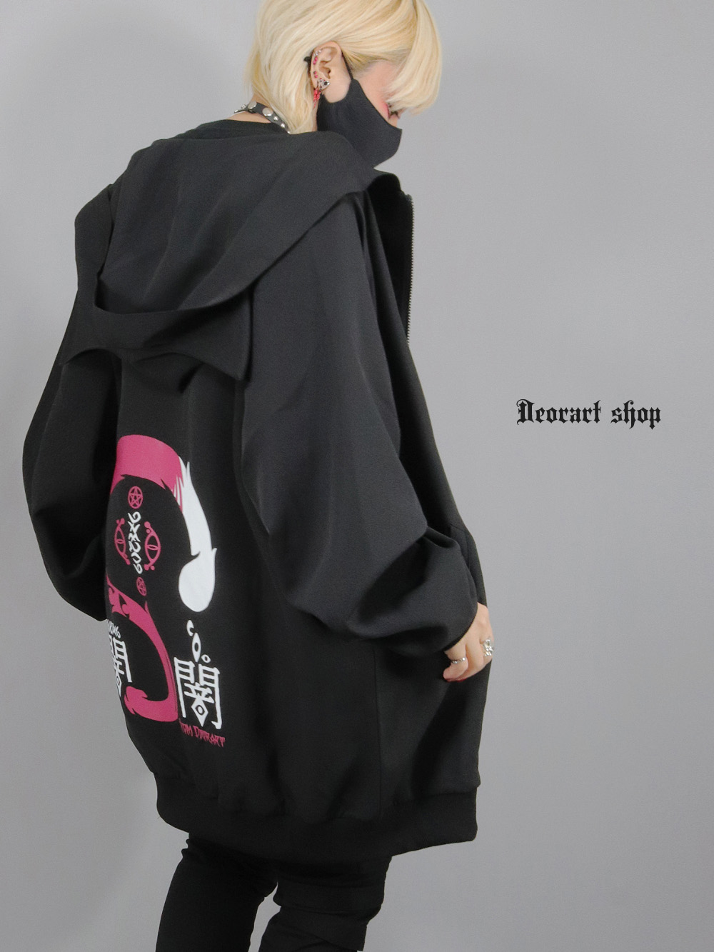 DRT2871 [ 闇猫 ] ジャージ風 オーバーサイズ・ネコミミパーカー[ 尻尾