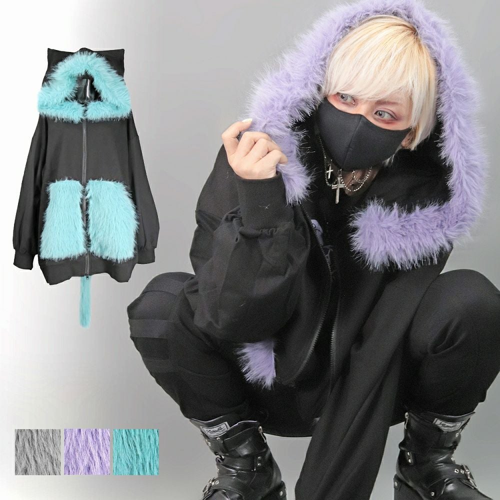 DRT2729 [ネコ耳] オーバーサイズ・ジップパーカー しっぽチャーム付