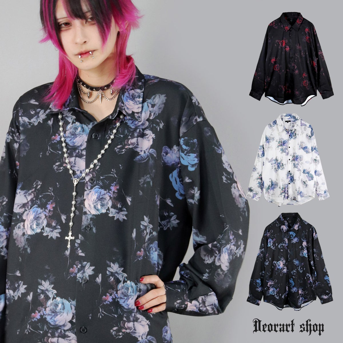 Deorart,ディオラート,総柄シャツ,V系シャツ,パーティ,ドレスアップ,ローズ柄,オーバーサイズ,薔薇,花柄,メンズ,レディス,おしゃれ,カッコイイ,地雷系,ホスト,ライブ衣装,通販
