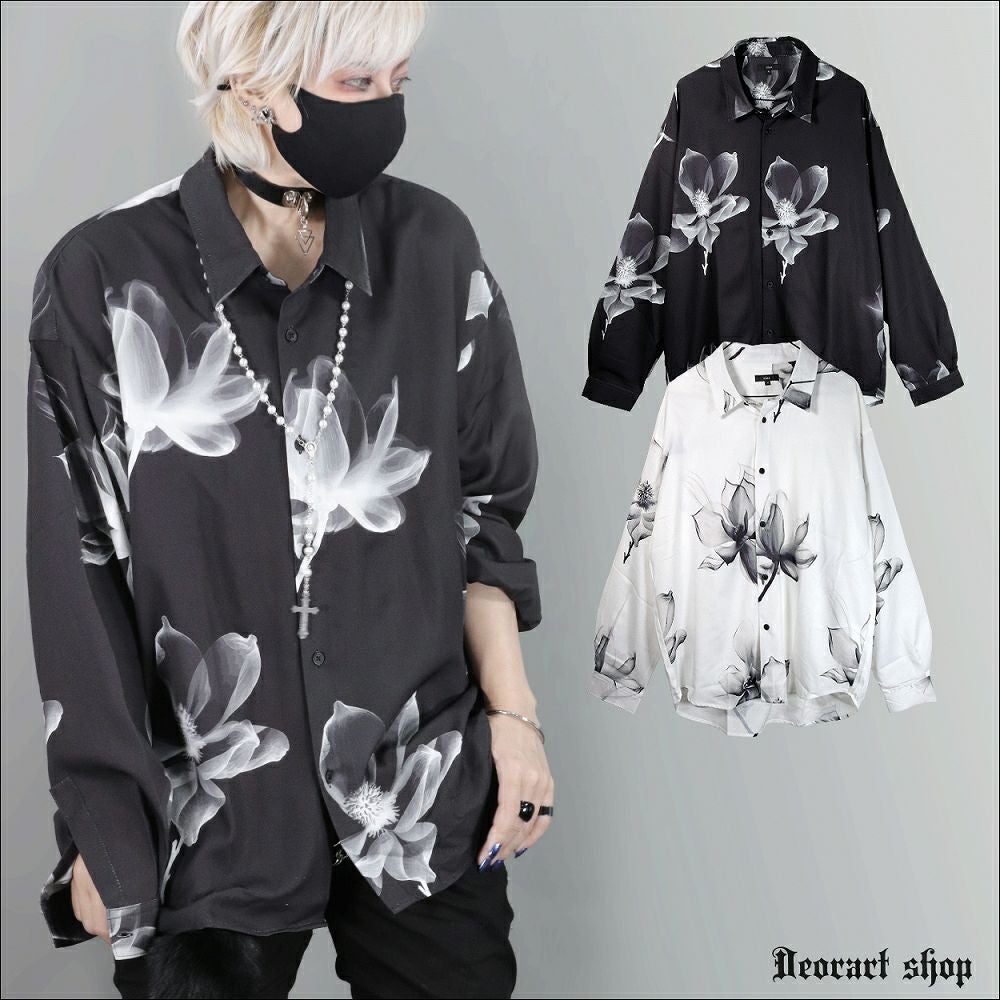 BY7088 ルーズシルエット・ダークカラー 花柄 総柄 シャツ[skeleton