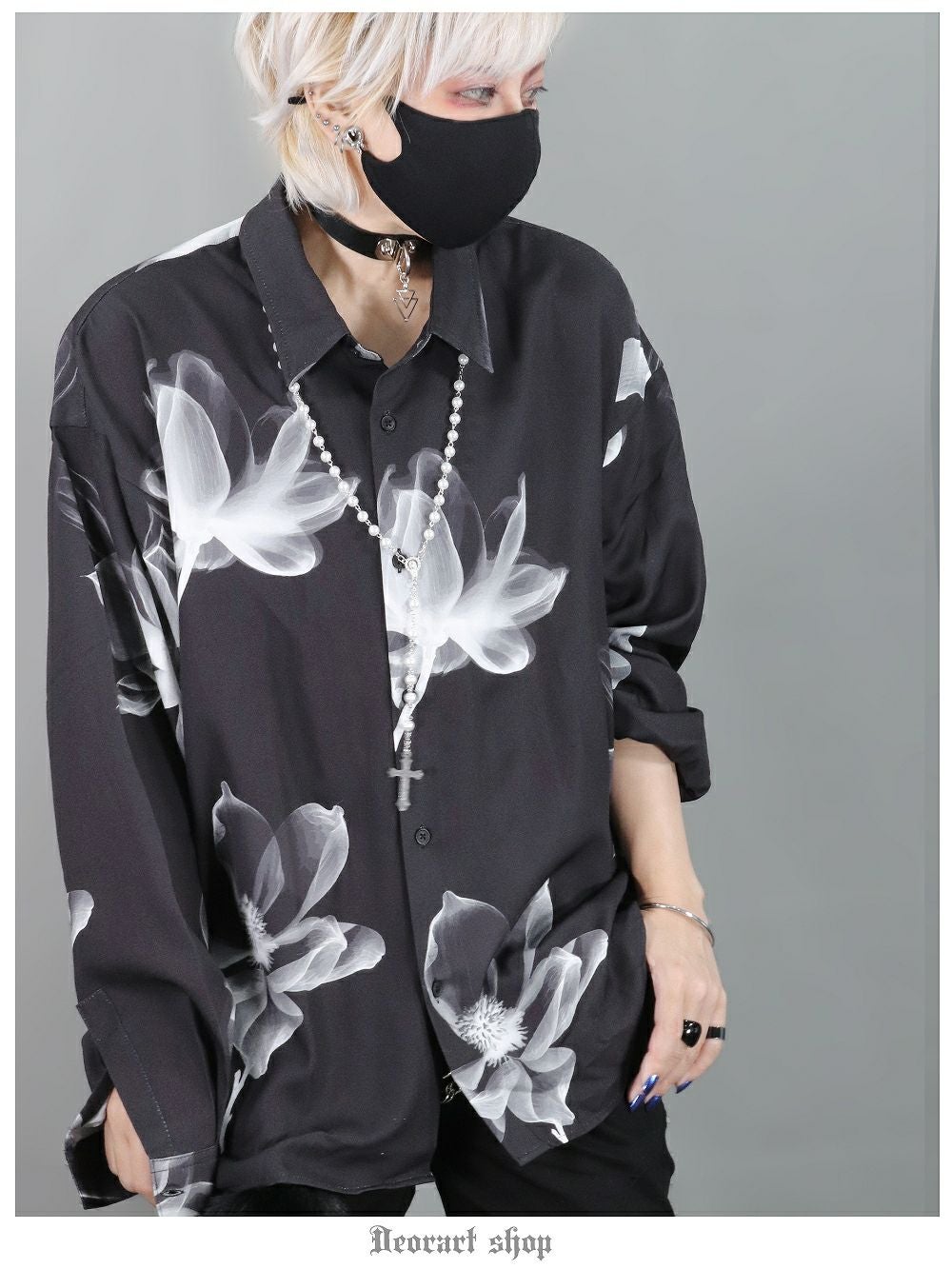 BY7088 ルーズシルエット・ダークカラー 花柄 総柄 シャツ[skeleton
