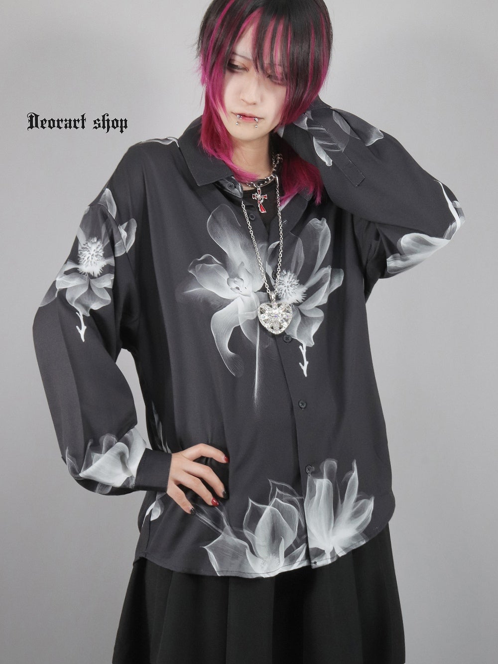 まきたろさま BY7088 ルーズシルエット・ダークカラー 花柄 総柄 シャツ[skeleton