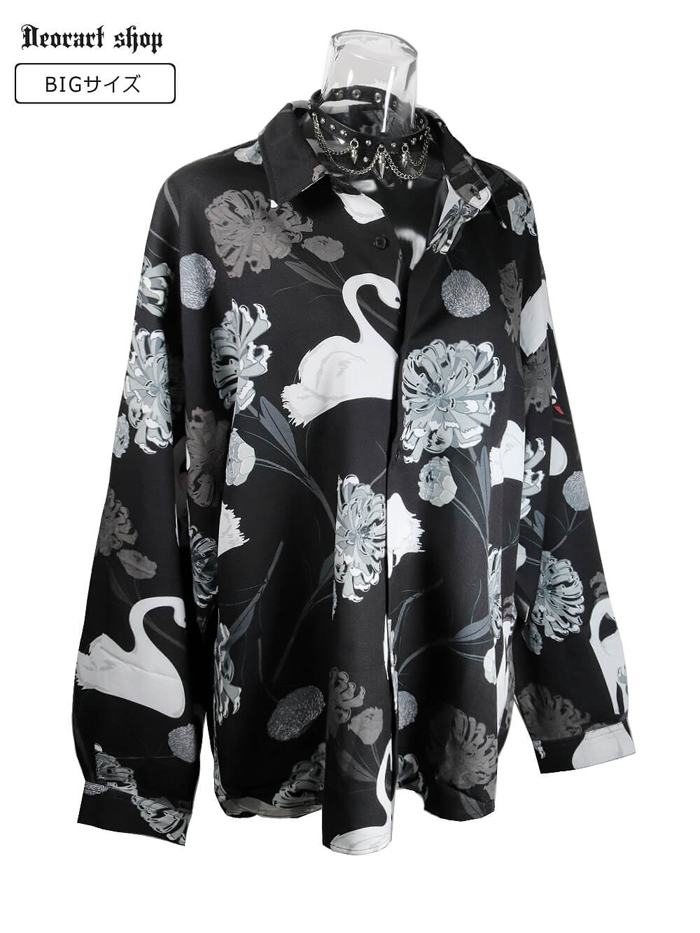 BY7090 ルーズシルエット・ダークカラー スワン柄 総柄 シャツ[swan