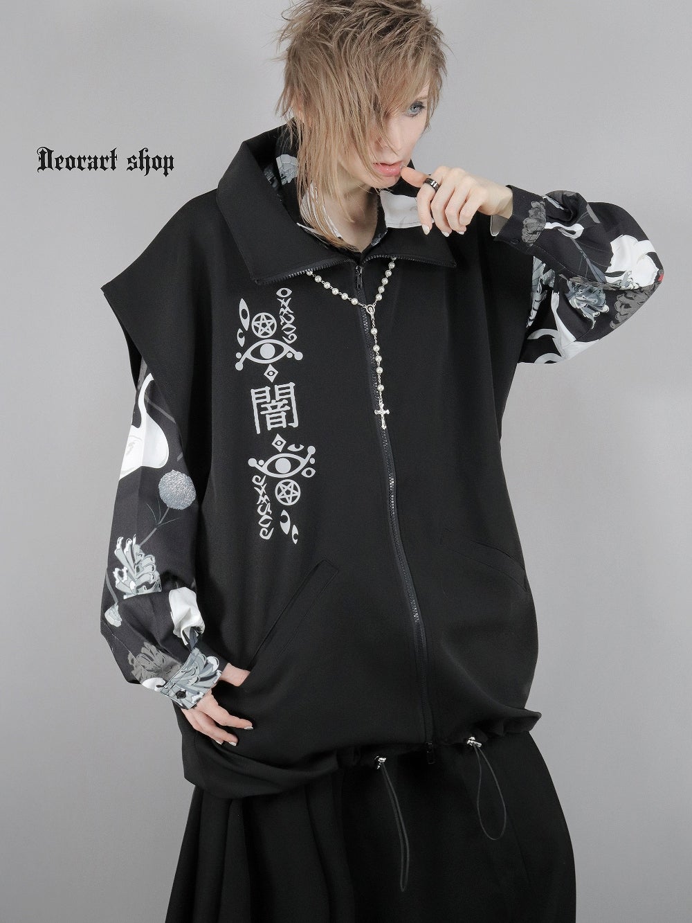 BY7090 ルーズシルエット・ダークカラー スワン柄 総柄 シャツ[swan