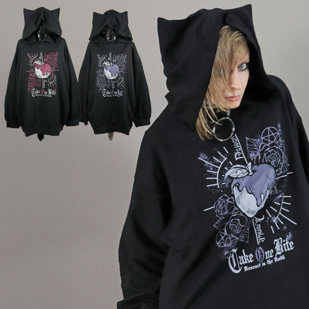 copon 耳付きフード ブラックパーカー DRT2806 [尻尾チャーム付 ] オーバーサイズ ネコ耳フード・プル