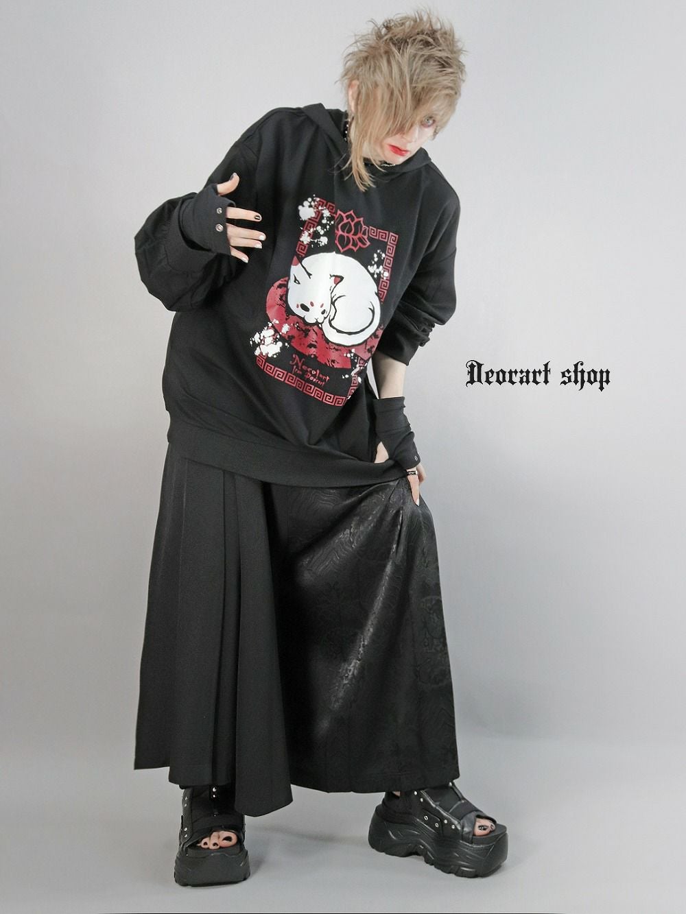 Deorart,ディオラート,地雷系,猫耳パーカー,ネコミミパーカー,猫柄,和柄,妖怪,招き猫,ケモ耳,フード,V系,emo,punk,rock,原宿 ,ゴシック,モード,ファッション,服,通販
