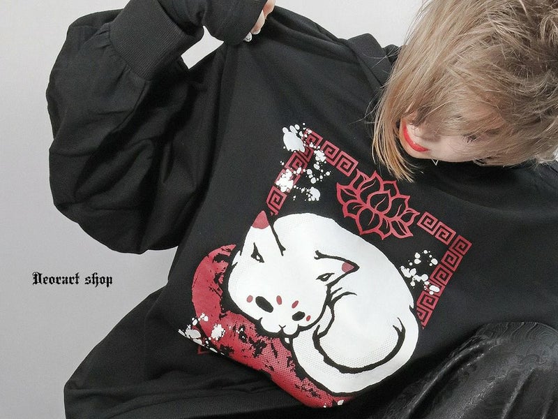 Deorart,ディオラート,地雷系,猫耳パーカー,ネコミミパーカー,猫柄,和柄,妖怪,招き猫,ケモ耳,フード,V系,emo,punk,rock,原宿 ,ゴシック,モード,ファッション,服,通販