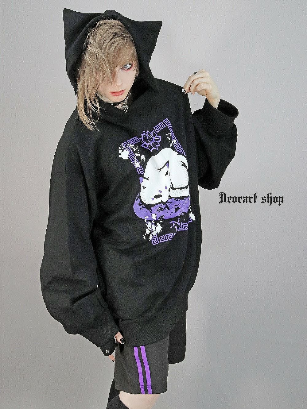 Deorart,ディオラート,地雷系,猫耳パーカー,ネコミミパーカー,猫柄,和柄,妖怪,招き猫,ケモ耳,フード,V系,emo,punk,rock,原宿 ,ゴシック,モード,ファッション,服,通販