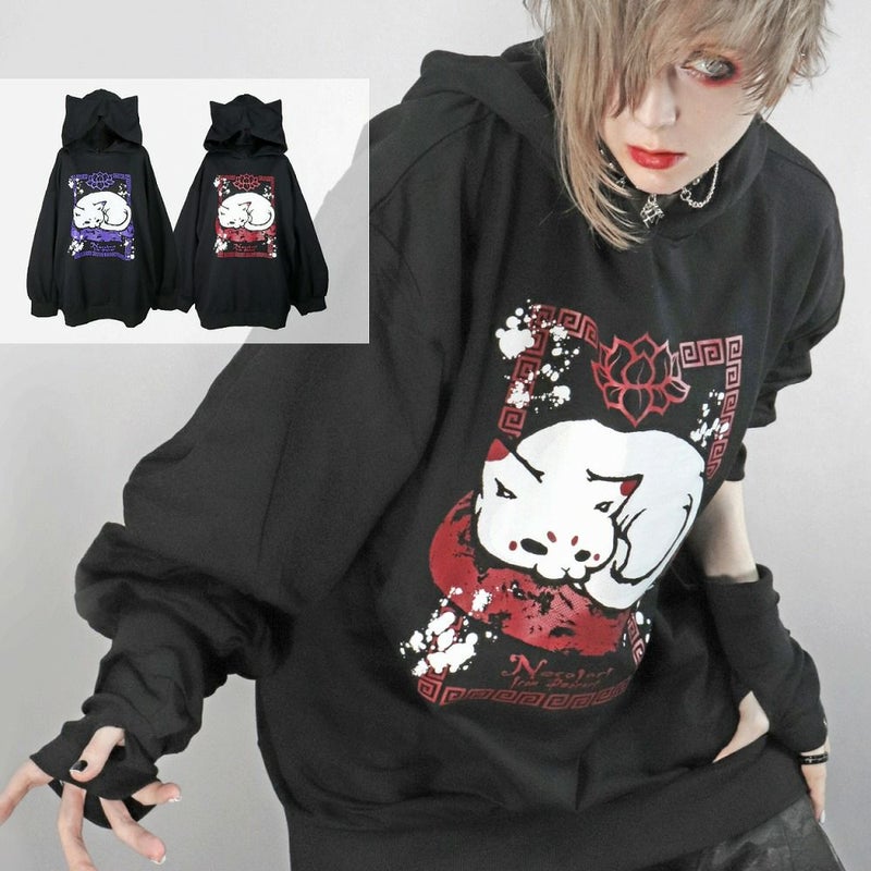 Deorart,ディオラート,地雷系,猫耳パーカー,ネコミミパーカー,猫柄,和柄,妖怪,招き猫,ケモ耳,フード,V系,emo,punk,rock,原宿 ,ゴシック,モード,ファッション,服,通販