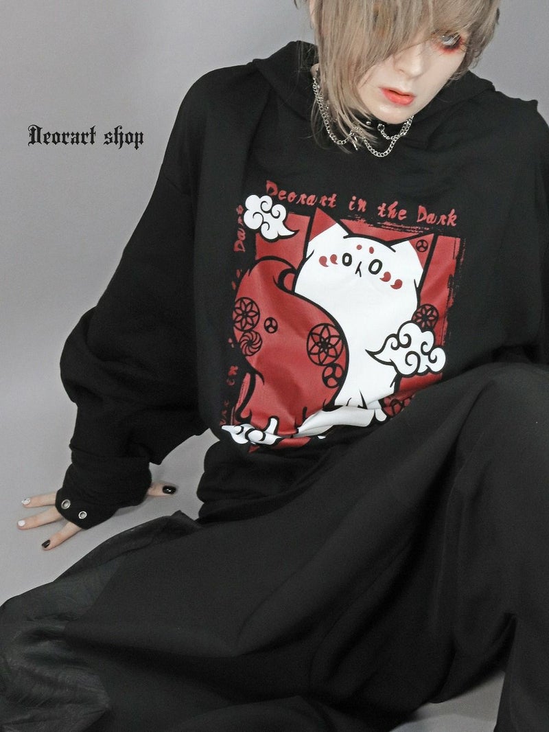 Deorart,ディオラート,地雷系,猫耳パーカー,ネコミミパーカー,白狐,九尾,和柄,妖怪,招き猫,ケモ耳,フード,V系,emo,punk,rock,原宿 ,ゴシック,モード,ファッション,服,通販