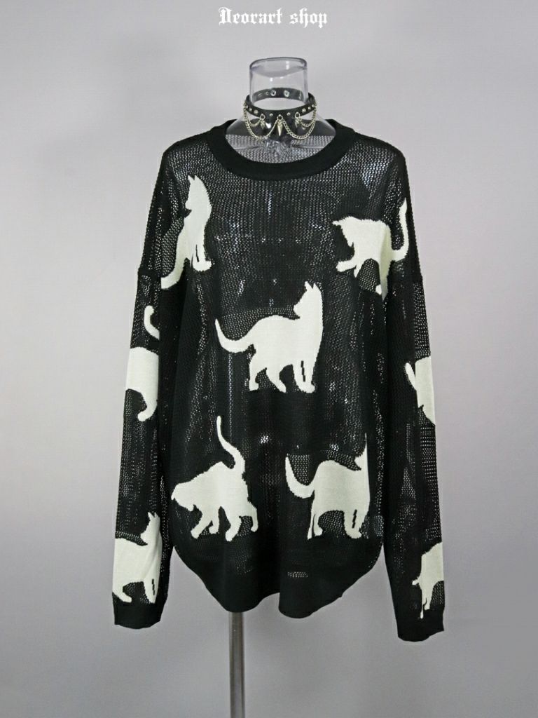 Deorart,ディオラート,かわいい,かっこいい,猫柄,夏,春,ニット,薄手ニット,サマーニット,透かし編み,透けニット,パンクファッション,ゴシックファッション,地雷系男子,地雷系女子,サブカル系ファッション,ライブ衣装,V系,
