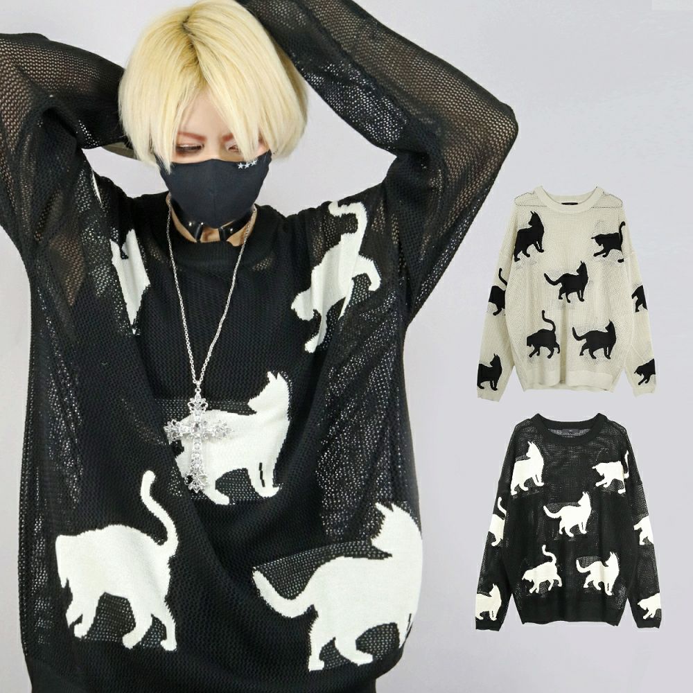 Deorart,ディオラート,かわいい,かっこいい,猫柄,夏,春,ニット,薄手ニット,サマーニット,透かし編み,透けニット,パンクファッション,ゴシックファッション,地雷系男子,地雷系女子,サブカル系ファッション,ライブ衣装,V系,