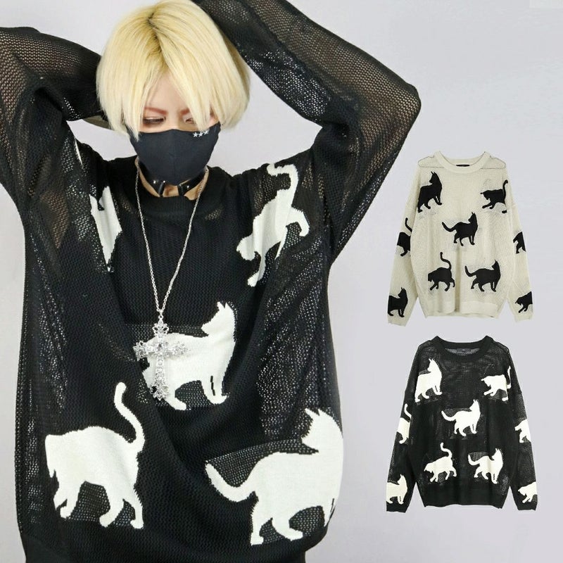 Deorart,ディオラート,かわいい,かっこいい,猫柄,夏,春,ニット,薄手ニット,サマーニット,透かし編み,透けニット,パンクファッション,ゴシックファッション,地雷系男子,地雷系女子,サブカル系ファッション,ライブ衣装,V系,