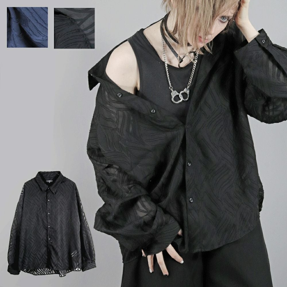 BY7094 透け感 シアー・ジャガードシャツ[リーフ柄] (セレクト