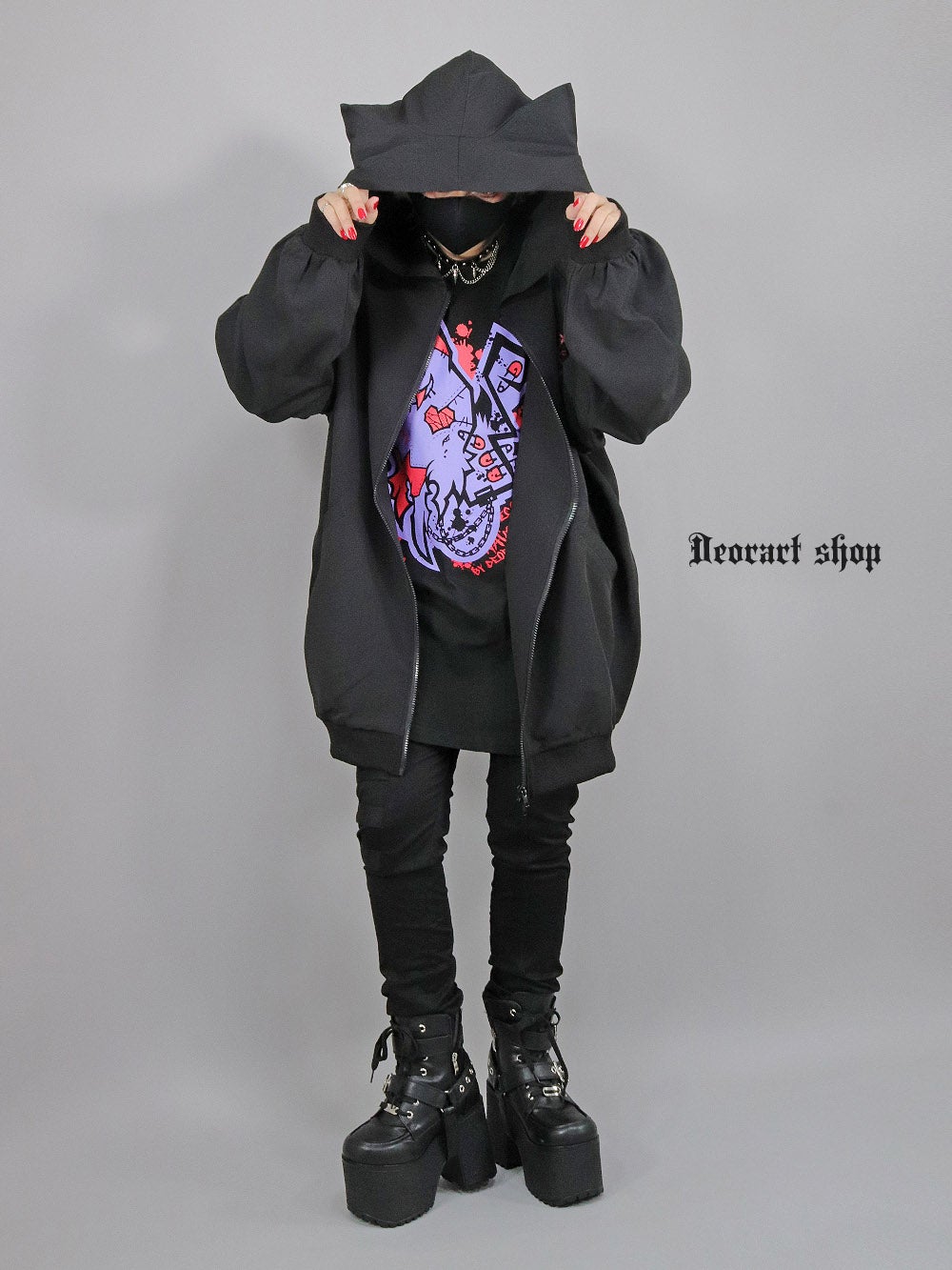 Deorart,ディオラート,地雷系,猫耳,ネコミミ,ケモミミ,パーカー,尻尾,猫柄,サイバー,サイバーパンク,妖怪,和装,ホラー,着物,振袖,闇,漢字,原宿系,ジャージ,V系,emo,punk,rock,harajyuku,メンズ,レディース,オーバーサイズ,大きいサイズ,ゴシック,モード,ファッション,服,通販