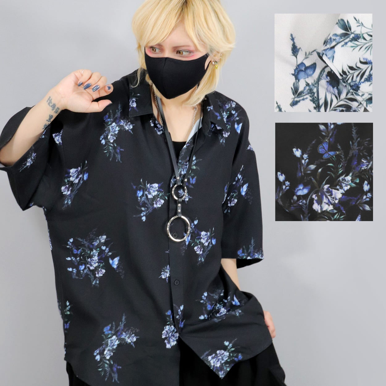 BY7108 [五分袖] ルーズシルエット・バタフライ 総柄 シャツ[flower