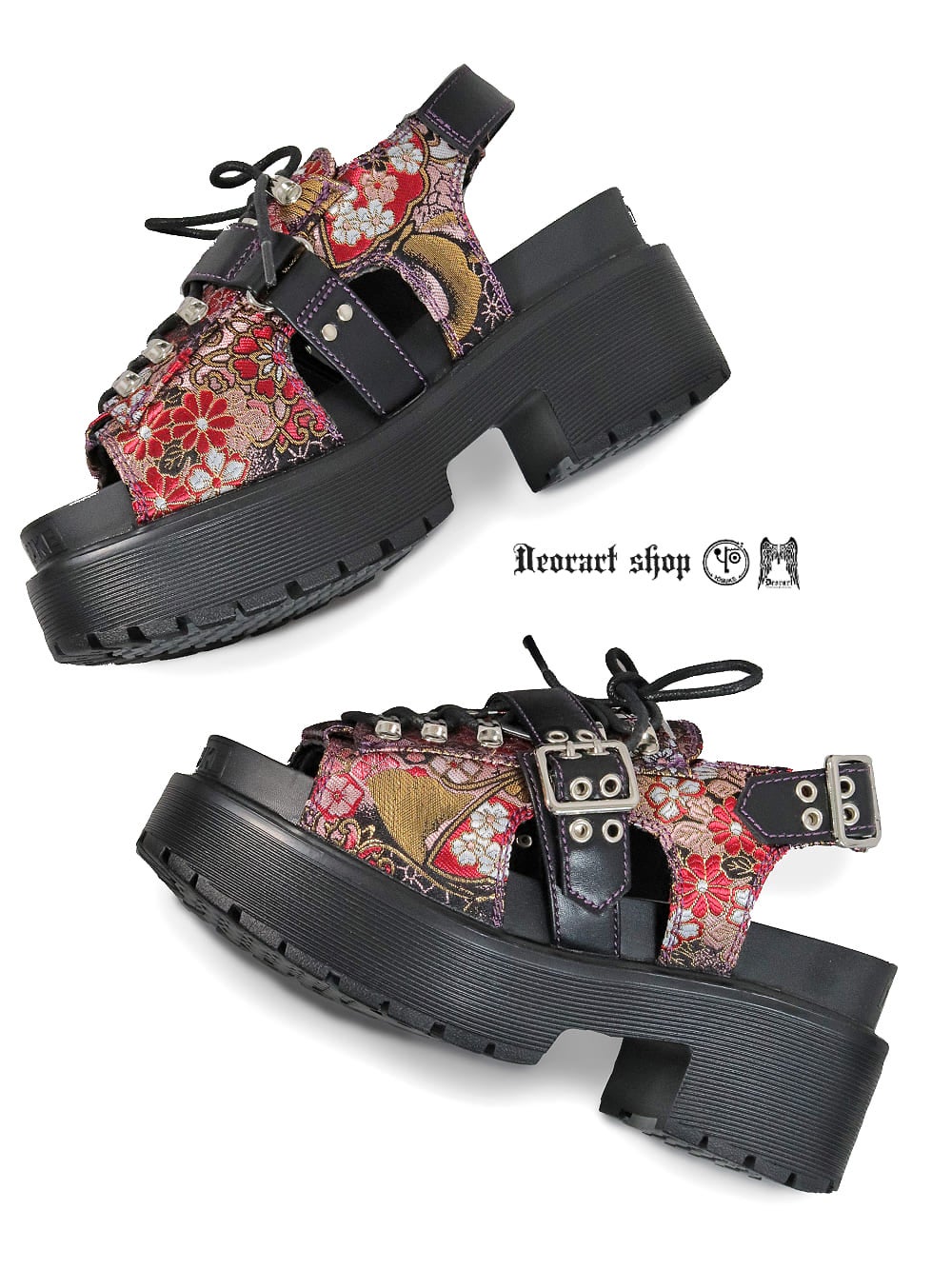 Deorart,ディオラート,シューズ,靴,ハトメ,ベルト,和柄,刺繍,桜,厚底,編み上げ,レースアップ,コスプレ,ゴシック,モード,emoRock,GOTH,emopunk,shoes,sandal