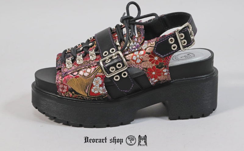 Deorart,ディオラート,シューズ,靴,ハトメ,ベルト,和柄,刺繍,桜,厚底,編み上げ,レースアップ,コスプレ,ゴシック,モード,emoRock,GOTH,emopunk,shoes,sandal